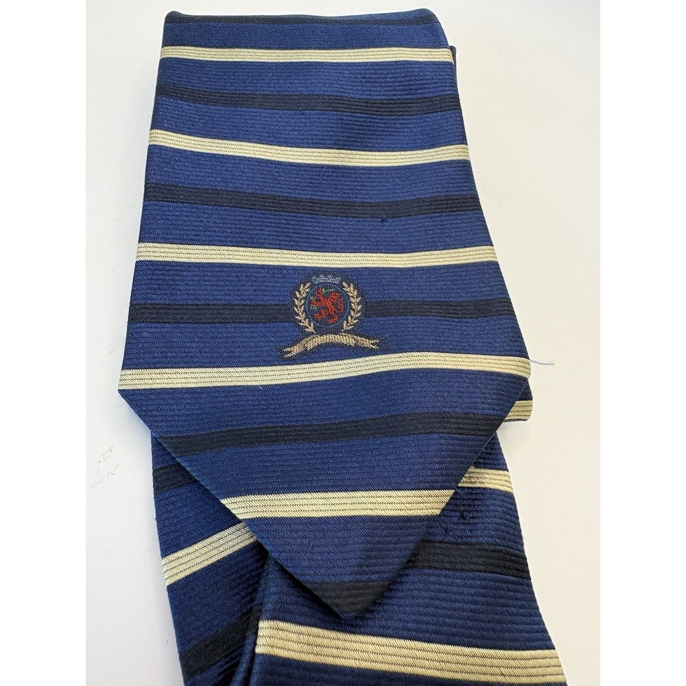 Vintage 90s Tommy Hilfiger Silk Tie Navy Gold Stripe Crest Logo Made USA